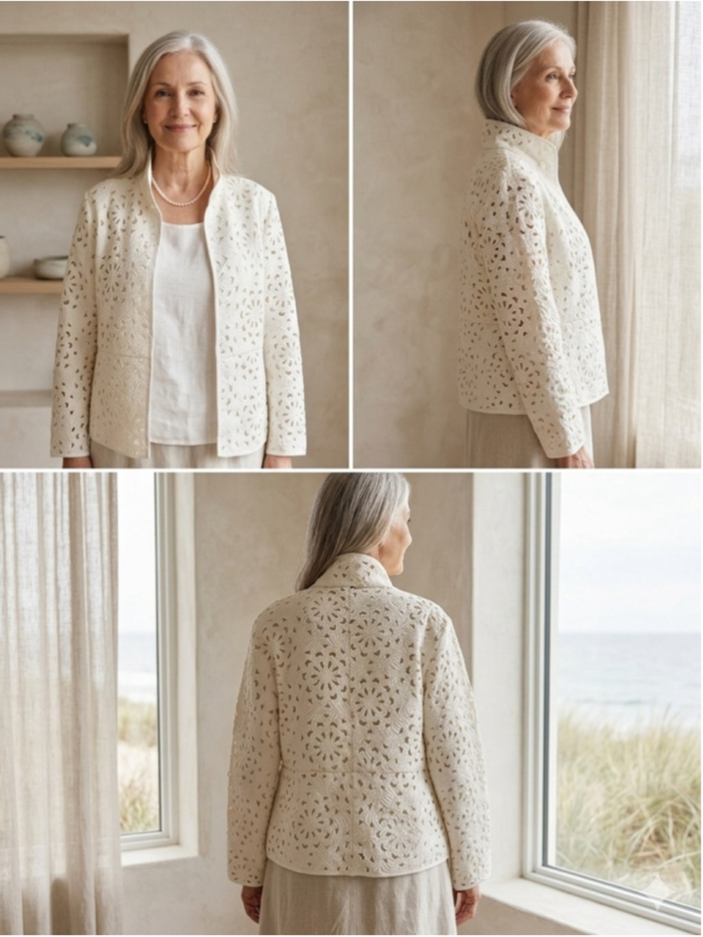 GRACE CHUANG New York White Lace Eyelet Open Front Jacket Coat Floral Medium M